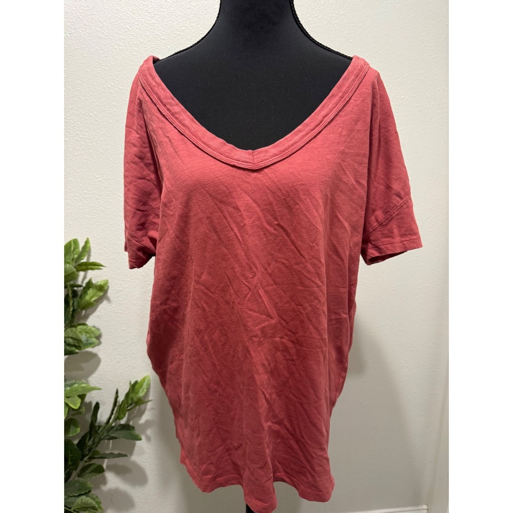 Aerie Oversized V-Neck Short Sleeve Tee Washed Red Slub Knit Top XS